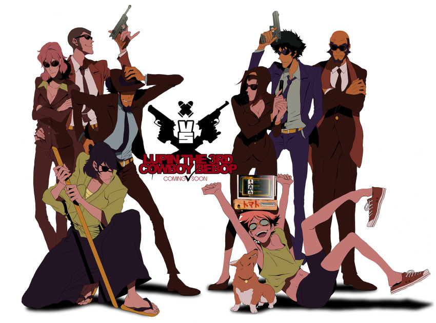 1990s_(style) 3girls 5boys androgynous arsene_lupin_iii bad_id bad_pixiv_id beard breasts cleavage cowboy_bebop crossover dog edward_wong_hau_pepelu_tivrusky_iv ein_(cowboy_bebop) facial_hair faddawdle faye_valentine fedora formal_clothes goggles gun hat highres ishikawa_goemon_xiii jacket japanese_clothes jet_black jigen_daisuke katana lupin_iii medium_breasts mine_fujiko multiple_boys multiple_girls object_on_head pinky_out red_jacket retro_artstyle reverse_trap shirasaya sideburns spike_spiegel suit sunglasses sword weapon welsh_corgi