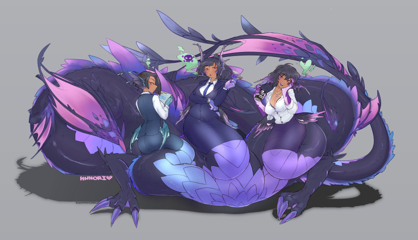 absurdres claws conjoined dark_skin fins hat head_fins hhhori highres hydra monster_girl multiple_heads non-web_source office_lady original scales taur triplets