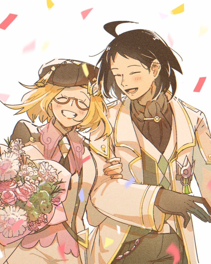 1boy 1girl :d ahoge bianca_(champion)_(pokemon) bianca_(pokemon) black_hair blonde_hair blush bouquet cheren_(champion)_(pokemon) cheren_(pokemon) closed_eyes coat confetti eyelashes flower glasses gloves grin happy hat highres holding_another&#039;s_arm miiyokoe nintendo official_alternate_costume open_clothes open_coat open_mouth pants pokemon pokemon_masters_ex semi-rimless_eyewear short_hair smile teeth vest white_background