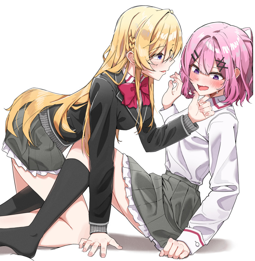 2girls @_@ absurdres amaori_renako black_jacket black_socks blazer blonde_hair blue_eyes bow bowtie commentary grey_skirt hand_on_another&#039;s_chin highres jacket long_hair long_sleeves looking_at_another medium_hair multiple_girls open_mouth ouzuka_mai parted_lips pink_bow pink_bowtie pink_hair purple_eyes sh1_uu1 shirt simple_background skirt smile socks watashi_ga_koibito_ni_nareru_wake_naijan_murimuri! white_background white_shirt yuri