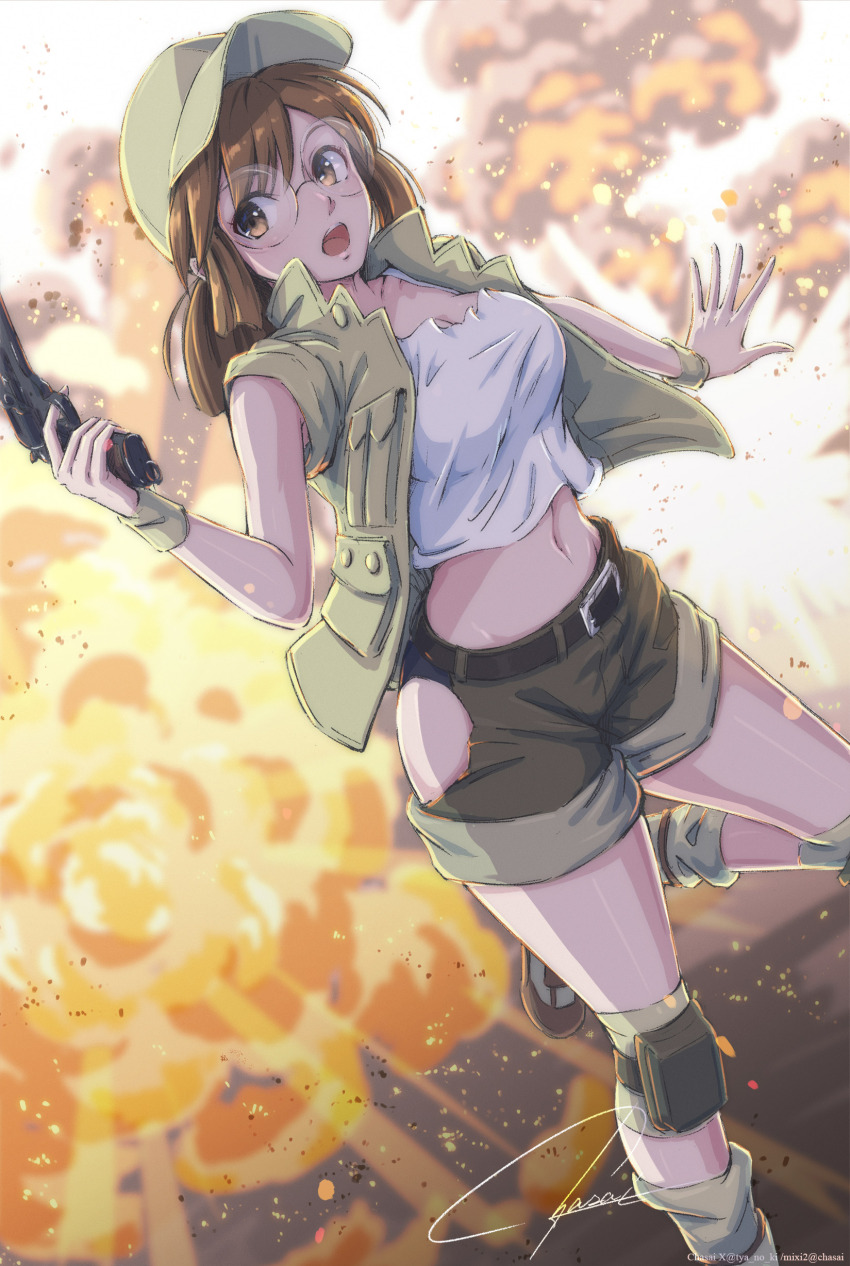 1girl :o absurdres baseball_cap belt breasts brown_eyes brown_hair cleavage crop_top explosion explosion_background fio_germi fire glasses gun handgun hat highres hip_vent holding holding_gun holding_weapon knee_pads looking_to_the_side matching_hair/eyes medium_breasts medium_hair metal_slug midriff military navel open_clothes open_mouth open_vest pistol ponytail revealing_clothes revolver round_eyewear short_shorts shorts signature snk solo tyanoki utility_vest vest weapon wristband