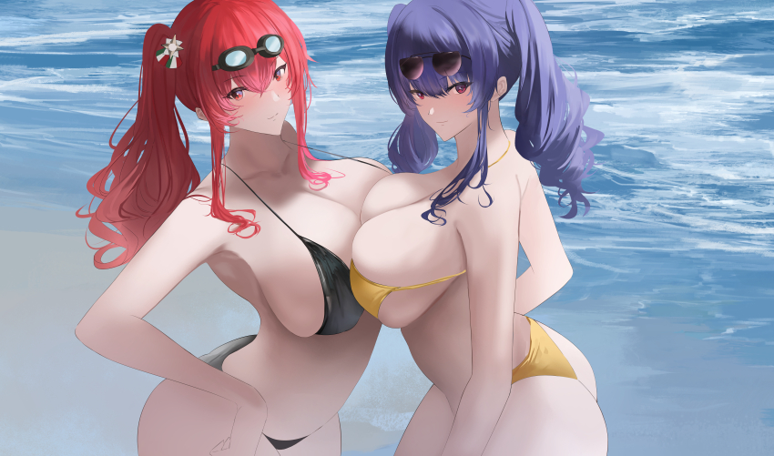 2girls absurdres ass aviator_sunglasses axicoi azur_lane bikini breast_press breasts cleavage collarbone cowboy_shot eyewear_on_head goggles goggles_on_head highres huge_breasts italian_flag long_hair looking_at_viewer multiple_girls o-ring o-ring_bikini official_alternate_costume pola_(azur_lane) pola_(seaside_coincidence)_(azur_lane) purple_hair red_eyes red_hair siblings side_ponytail sisters standing sunglasses swimsuit symmetrical_docking water yellow_bikini yuri zara_(azur_lane) zara_(poolside_coincidence)_(azur_lane)