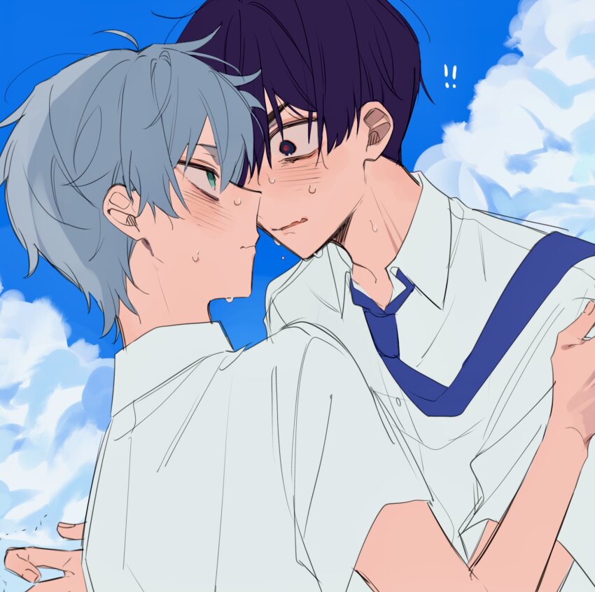 ! !! 2boys alien_stage black_eyes blue_necktie blue_sky cloud cloudy_sky collared_shirt commentary_request face-to-face flustered green_eyes grey_hair highres ivan_(alien_stage) kikurage_ii male_focus multiple_boys necktie necktie_over_shoulder red_pupils shirt short_hair short_sleeves sky sweat till_(alien_stage) very_short_hair white_shirt yaoi