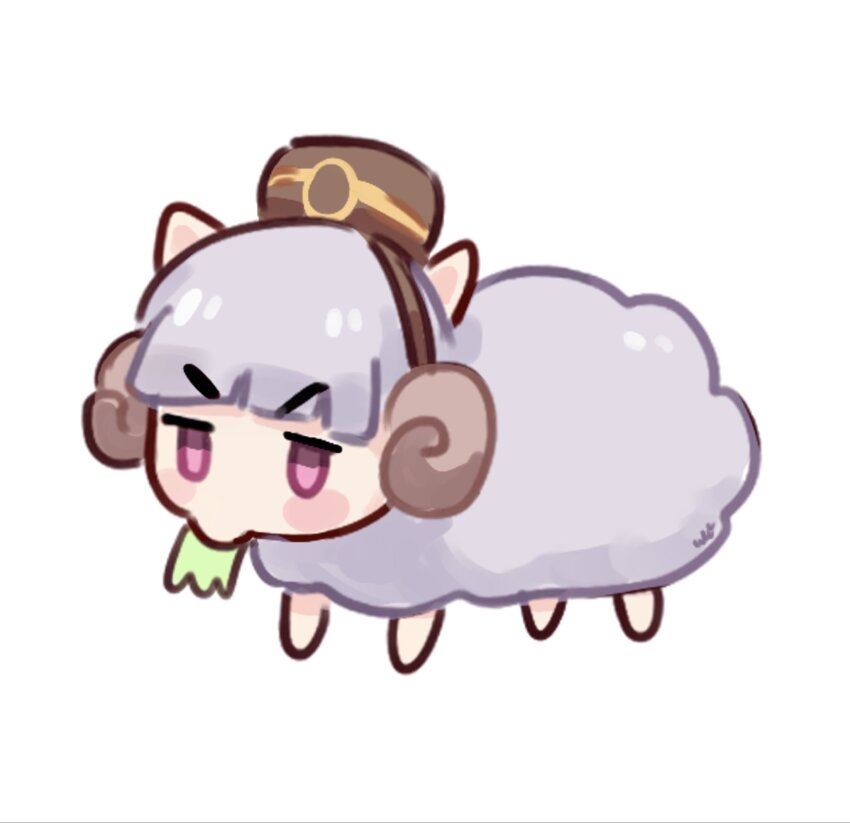 animal animalization blush blush_stickers brown_hat eating food_in_mouth full_body gold_ship_(umamusume) grass hat highres horns pillbox_hat purple_eyes recursive_animalization sheep sheep_horns simple_background solo ukichan22905846 umamusume white_background