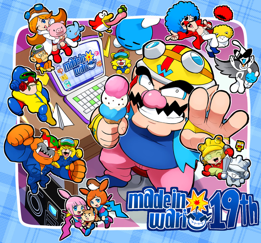 3girls 6+boys 9-volt ana_(warioware) anniversary blue_hair blue_shirt coat computer double_bun dr._crygor dribble_(warioware) facial_hair fingerless_gloves food fronk gloves goggles goggles_on_headwear hair_bun helmet highres holding holding_food holding_ice_cream hoshi_(star-name2000) ice_cream ice_cream_cone jimmy_t jumpsuit kat_(warioware) laptop looking_at_viewer mona_(warioware) multiple_boys multiple_girls mustache nintendo orange_hair orbulon pants pink_pants pyoro_(warioware) shirt smirk spitz wario warioware white_coat yellow_jumpsuit