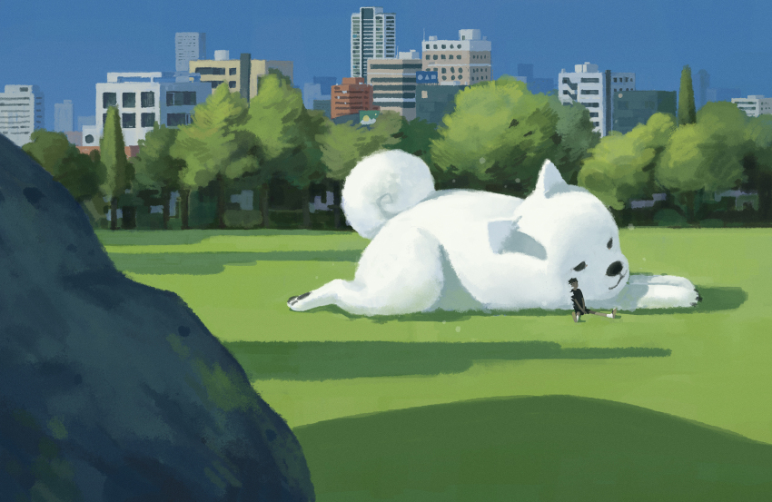 1boy animal black_shirt blue_sky building bush choidomart city cityscape day dog field fluffy full_body grass highres leaning_back original outdoors oversized_animal park scenery shadow shirt sitting sky skyscraper smile tree very_wide_shot white_dog