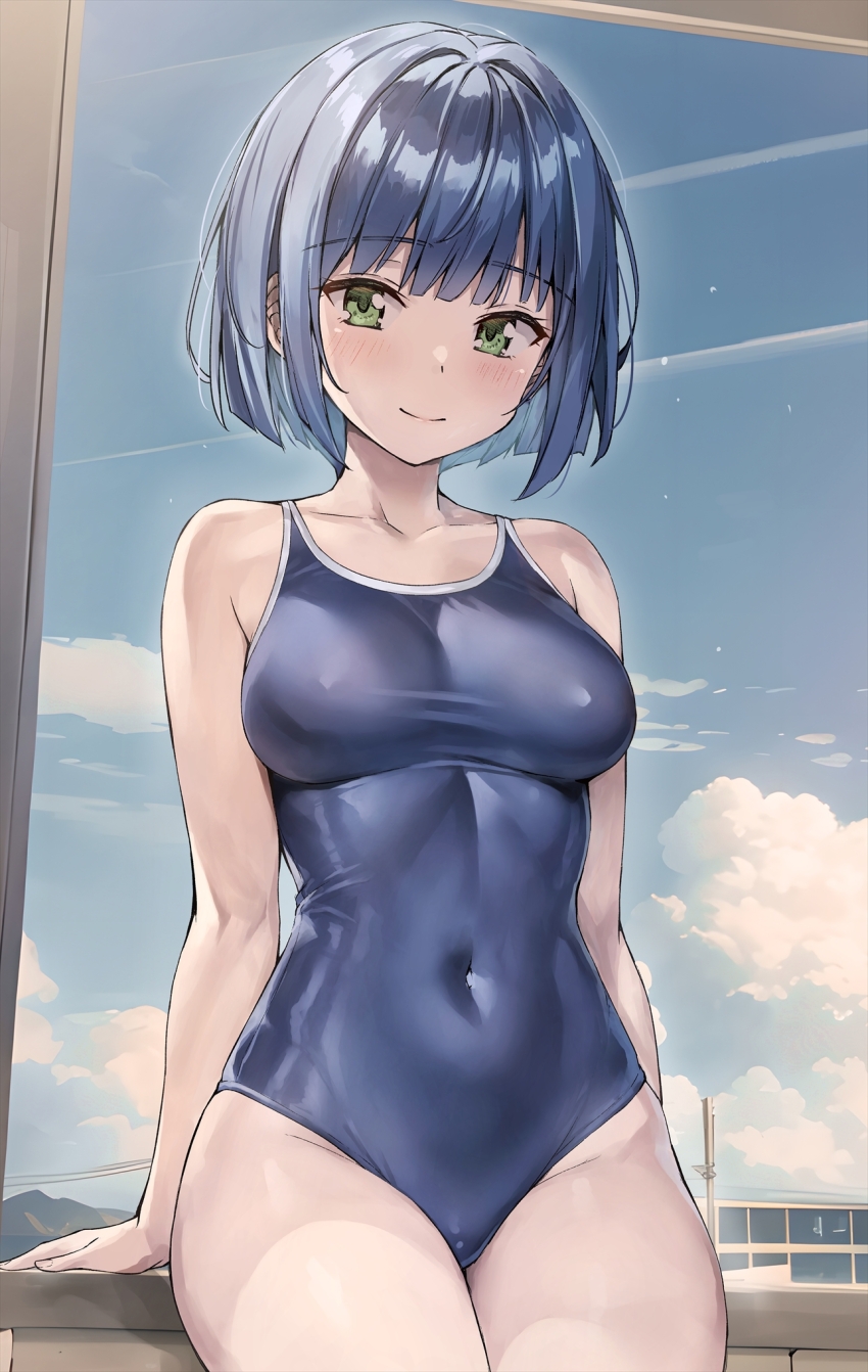 1girl blue_hair blue_one-piece_swimsuit blue_sky blunt_bangs blush breasts closed_mouth cloud commentary_request covered_navel green_eyes highres izumi_hina_(neet_kunoichi) koyuki_(kotatsu358) looking_at_viewer medium_breasts neet_de_otaku_na_kunoichi_to_naze_ka_dousei_hajimemashita one-piece_swimsuit paid_reward_available school_swimsuit short_hair sky smile solo standing swimsuit
