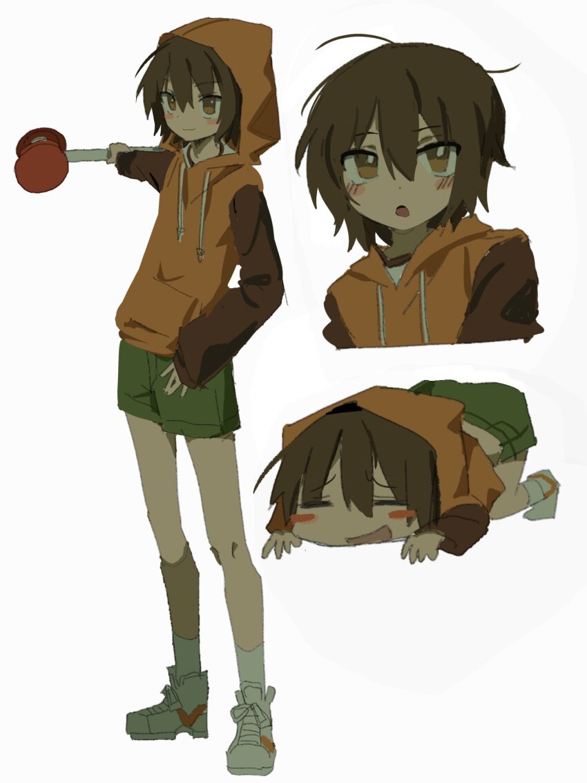 1boy blush brown_eyes brown_hair closed_mouth debakshotgun0 green_shorts gwak_jun-hyeong hair_between_eyes highres holding hood hood_up hoodie long_sleeves looking_at_viewer multiple_boys open_mouth orange_hoodie shoes short_hair shorts simple_background smile sneakers socks white_background white_socks zombie_high_school