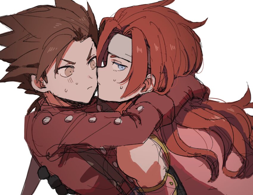 2boys arm_around_back arm_around_neck black_gloves blue_eyes blush brown_eyes brown_hair closed_mouth coat commentary_request detached_sleeves frown gloves headband highres kometubu0712 lloyd_irving long_hair long_sleeves looking_at_another looking_to_the_side male_focus multiple_boys nervous nervous_sweating pink_shirt red_coat red_hair shirt sideways_glance simple_background single_bare_shoulder sweat sweatdrop tales_of_(series) tales_of_symphonia upper_body white_background white_headband yaoi zelos_wilder