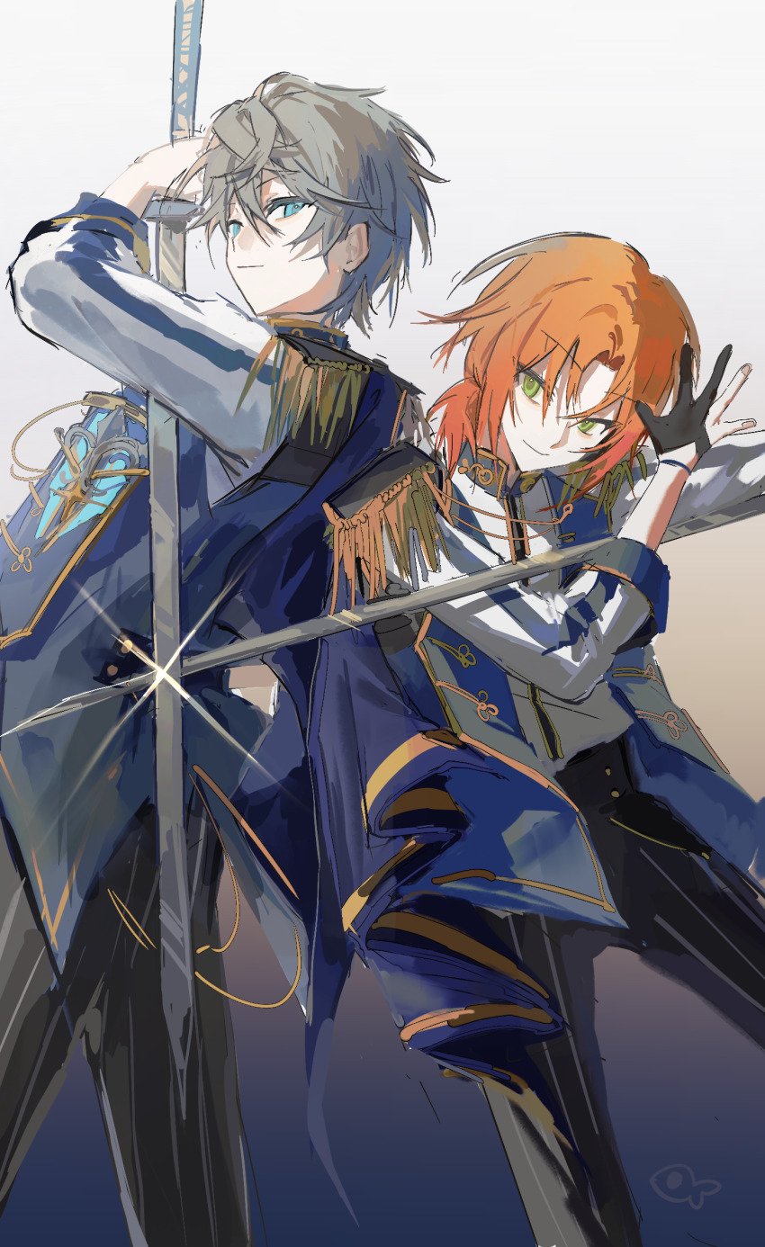 2boys black_gloves black_pants blue_cape blue_eyes cape chinese_commentary closed_mouth commentary_request crossed_swords curtained_hair ensemble_stars! epaulettes glint gloves gold_trim gradient_background green_eyes grey_hair hair_between_eyes half_gloves highres holding holding_sword holding_weapon hongshaoyuyuyuyu long_sleeves male_focus multiple_boys orange_hair pants parted_bangs partially_fingerless_gloves sena_izumi_(ensemble_stars!) shirt short_hair smile striped_clothes striped_pants sword tsukinaga_leo vertical-striped_clothes vertical-striped_pants weapon white_shirt
