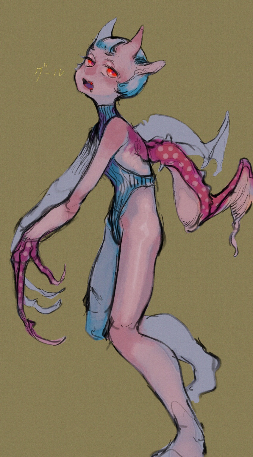 1girl absurdres animal_ears animal_hands barefoot blue_hair blue_leotard brown_background claws colored_skin colored_teeth colored_tongue fangs full_body hands_up highres horns leotard looking_at_viewer monster_girl open_mouth original outstretched_arms oyomotin pink_skin pink_wings purple_tongue red_eyes red_teeth short_hair simple_background skin-covered_horns solo turtleneck very_short_hair walking wings zombie_pose