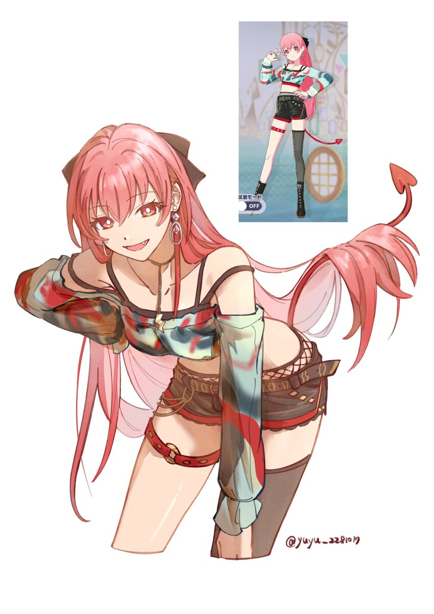 1girl bare_shoulders belt collarbone crop_top demon_tail earrings hand_on_own_hip highres jewelry leaning_forward long_hair long_sleeves looking_at_viewer midriff momoi_airi off-shoulder_shirt off_shoulder open_mouth pink_hair project_sekai red_eyes reference_inset shirt short_shorts shorts simple_background single_thighhigh smile solo tail thigh_strap thighhighs twitter_username very_long_hair white_background yu_(yuyu)