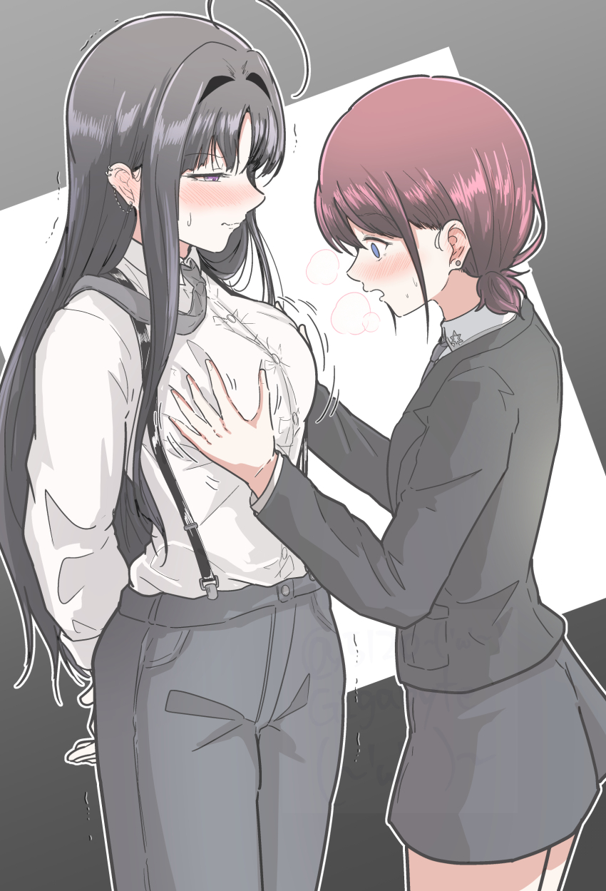 2girls 5tb :o absurdres ahoge arms_behind_back awa_subaru black_hair black_jacket black_skirt blue_eyes blush breasts brown_hair collared_shirt commentary_request cowboy_shot dress_shirt ear_blush ear_chain ear_piercing embarrassed formal_clothes girls_band_cry grabbing_another&#039;s_breast grey_necktie grey_pants groping half-closed_eyes highres iseri_nina jacket linked_piercing long_hair long_sidelocks long_sleeves miniskirt multiple_girls necktie necktie_over_shoulder pants piercing purple_eyes shirt shirt_tucked_in short_hair short_twintails sidelocks skirt small_sweatdrop steam suit suit_jacket suspenders trembling twintails twitter_username v-shaped_eyebrows very_long_hair watermark white_shirt yuri