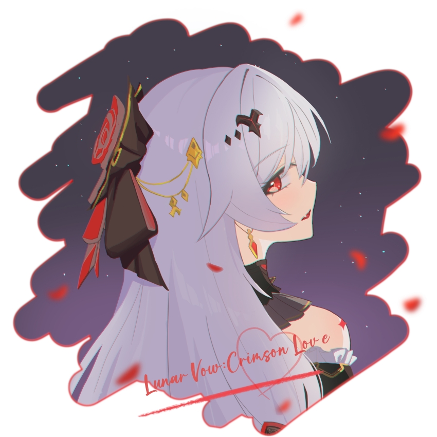 1girl absurdres bare_shoulders bat_hair_ornament black_bow black_collar black_sleeves bow character_name chinese_commentary chromatic_aberration collar commentary_request cropped_shoulders detached_sleeves earrings fang flower from_behind hair_bow hair_ornament halterneck highres honkai_(series) honkai_impact_3rd hui_yu_yu_yu_ye jewelry long_hair parted_lips partial_commentary red_eyes red_flower red_rose rose sidelocks skin_fang solo theresa_apocalypse theresa_apocalypse_(luna_kindred) theresa_apocalypse_(lunar_vow:_crimson_love) white_background white_hair