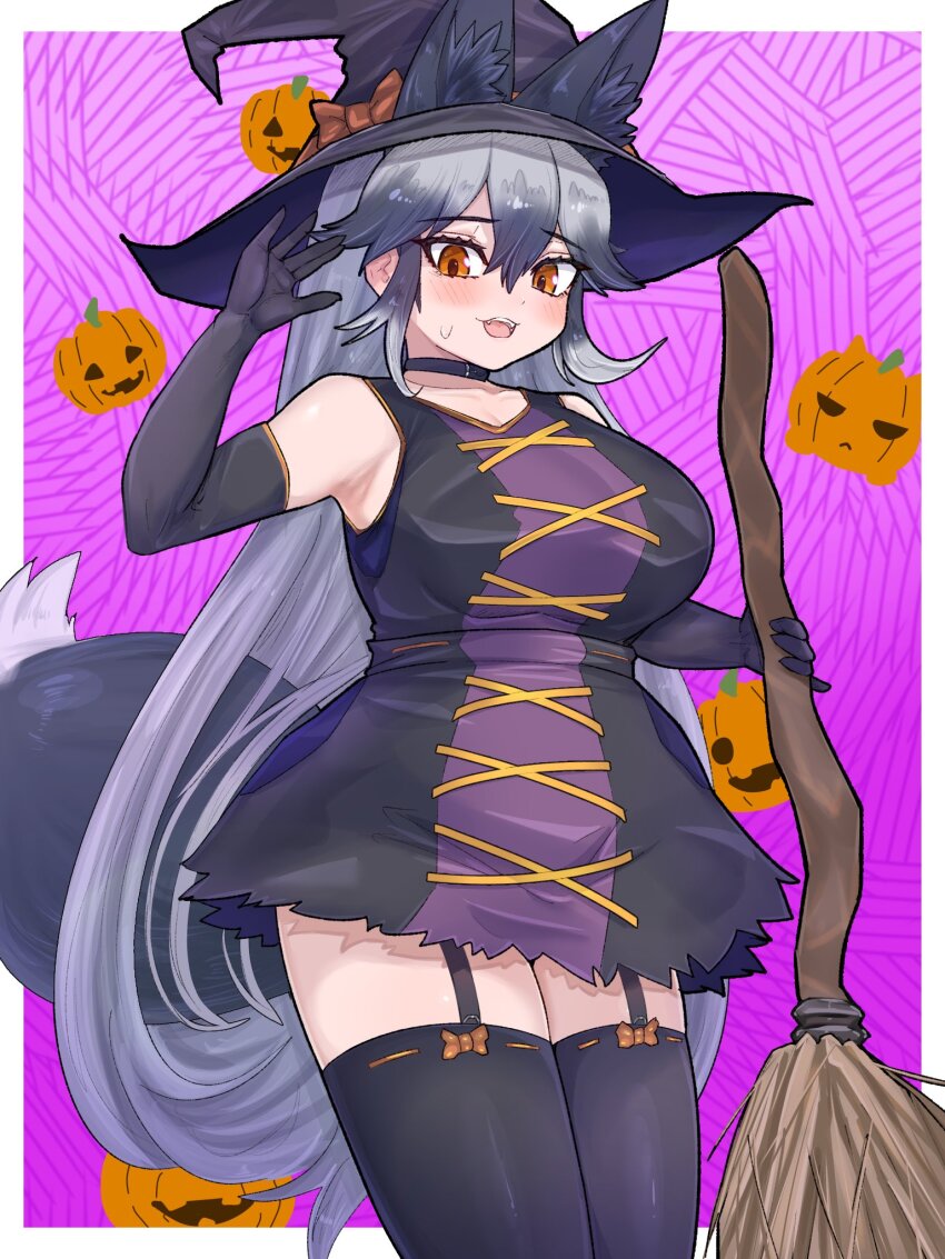 1girl animal_ears aramaru black_hair black_hat blush bow breasts broom dress elbow_gloves extra_ears fox_ears fox_tail garter_straps gloves grey_hair hair_between_eyes halloween halloween_costume hat highres holding holding_broom jack-o&#039;-lantern kemono_friends large_breasts large_hat long_hair looking_at_viewer multicolored_hair open_mouth pumpkin silver_fox_(kemono_friends) smile solo tail thighhighs witch witch_hat