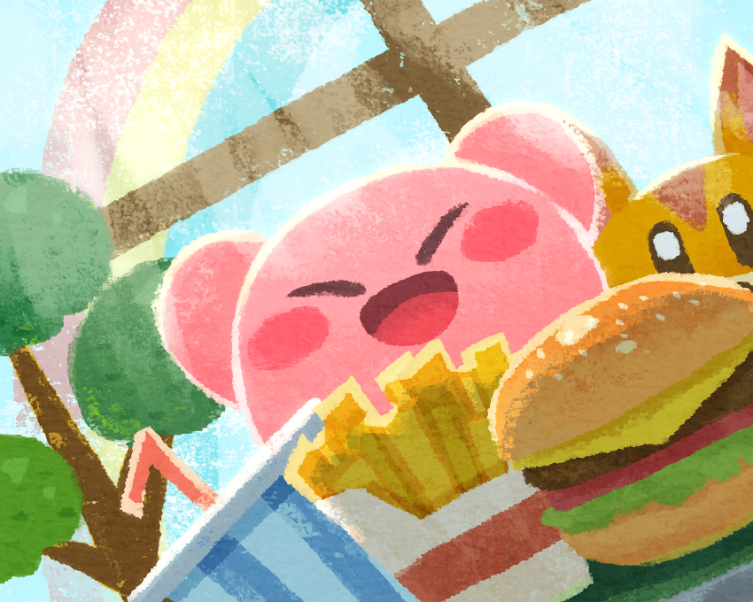 animal_ears awoofy blush_stickers burger colored_skin commentary_request cup disposable_cup food french_fries kirby kirby_(series) kirby_and_the_forgotten_land miclot nintendo no_humans pink_skin smile solid_oval_eyes window