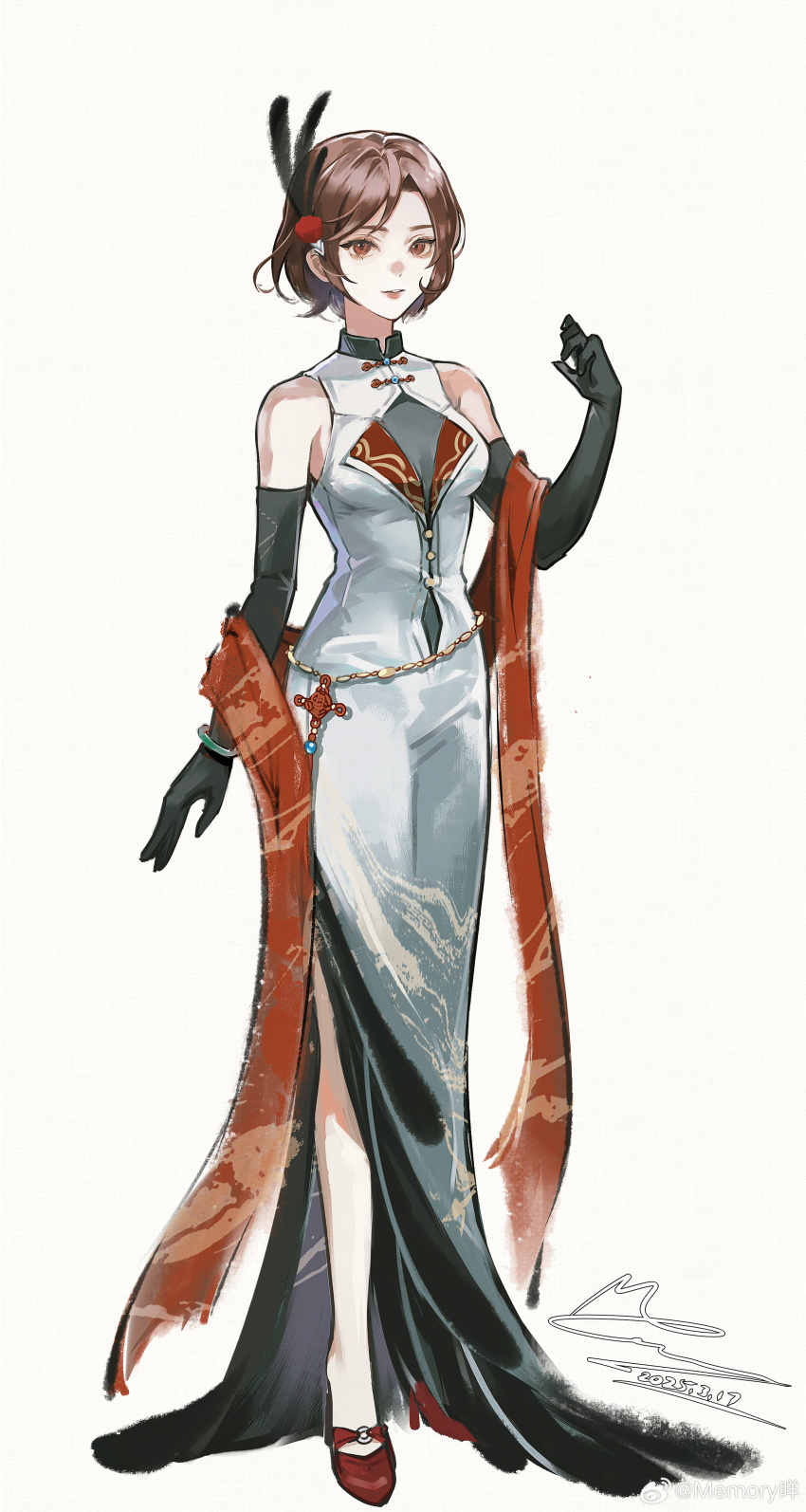 1girl absurdres bare_shoulders black_gloves bow bracelet breasts brown_hair buttons china_dress chinese_clothes dated dragon_print dress elbow_gloves feather-trimmed_dress feather_hair_ornament feathers flower footwear_bow full_body gloves hair_flower hair_ornament hand_up high_heels highres jewelry lipstick long_dress looking_at_viewer makeup medium_breasts meiko_(vocaloid) memory_mie parted_lips pink_lips red_bow red_eyes red_flower red_rose red_shawl red_shoes rose see-through_clothes see-through_dress shawl shoes short_hair signature simple_background sleeveless sleeveless_dress smile solo standing swept_bangs teeth tight_clothes tight_dress vocaloid watermark weibo_watermark white_background white_dress