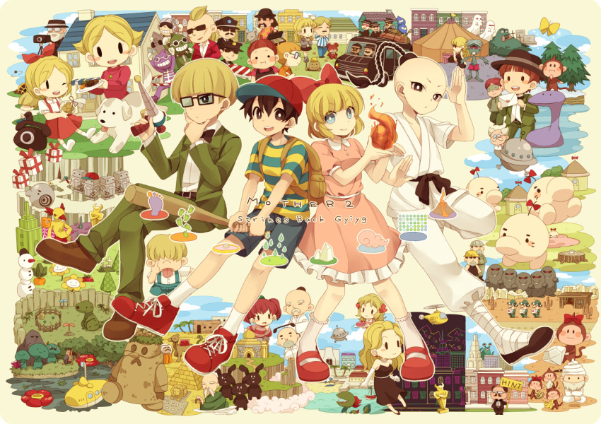 6+boys 6+girls aircraft apple_kid_(mother_2) backpack bag bandaged_leg bandages baseball_bat baseball_cap belt black_belt black_bow black_bowtie black_eyes black_hair black_headwear blonde_hair blue_eyes blush_stickers boat bow bowtie box braid bright_pupils brown_bag brown_footwear bubble_monkey bug butterfly buzz_buzz cactus camel captain_strong carrot character_request closed_mouth coffee collared_dress cookie doseisan dougi dr._andonuts dress dungeon_man_(mother_2) everdred_(mother_2) everyone fire flower flying_man food frank_fly frankystein_mark_ii george_montague gerardo_montague ghost gift gift_box green_jacket green_pants gun hat helicopter helpful_mole holding holding_baseball_bat holding_gun holding_letter holding_plate holding_sign holding_weapon house insect jacket jeff_andonuts jewelry king_(mother_2) letter lucas_(pokemon) magic mani_mani_statue mariachi martial_arts_belt master_belch_(mother_2) maxwell_(mother) monkey monkonna moonside mother_(series) mother_2 multiple_boys multiple_girls necklace ness&#039;s_father ness&#039;s_mother ness_(mother_2) nintendo one_eye_closed orange_kid_(mother_2) palm_tree pants paula&#039;s_father paula&#039;s_mother paula_(mother_2) pearl_necklace photo-man_(mother) pine_tree pink_dress plate poo_(mother_2) porky_minch pyramid_(structure) pyrokinesis rafflesia_(flower) red_bow red_bowtie red_headwear road_sign robot saku_anna sanchez_brothers shirt shoes sign smile sneakers snowman socks solid_oval_eyes steak stuffed_animal stuffed_toy submarine talking_rock teddy_bear tenda_(mother) tent tessie_(mother_2) thinking tombstone tony_(mother_2) tonzura_brothers tracy_(mother_2) tree tree_stump ufo venus_(mother) watercraft weapon white_pupils white_shirt white_socks yes_man_junior_(mother_2) zombie