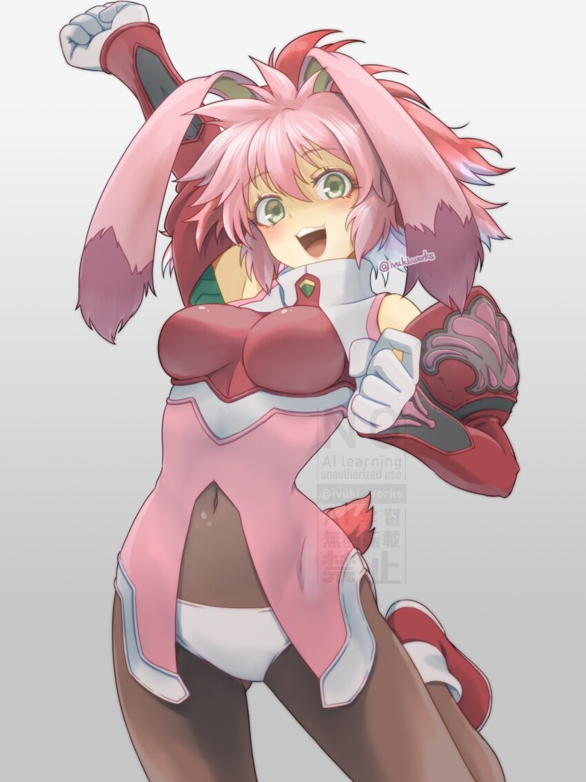 1girl :d animal_ears arm_up bodysuit breasts commentary_request gradient_background green_eyes grey_background hair_between_eyes highres ivuki large_breasts looking_at_viewer navel open_mouth pink_hair rabbit_ears rabbit_girl seraphita_(xenogears) simple_background smile solo standing standing_on_one_leg watermark xenogears
