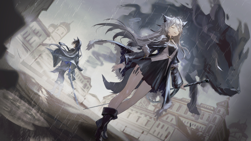 2girls absurdres animal_ears ankle_boots arknights bare_legs black_coat black_footwear black_hair black_pantyhose black_shirt black_skirt blue_shorts boots building closed_eyes coat coat_on_shoulders facing_away grey_hair hair_ornament highres holding holding_sword holding_weapon lappland_(arknights) lappland_(refined_horrormare)_(arknights) long_hair material_growth messy_hair multiple_girls natsuba002 oripathy_lesion_(arknights) outdoors pantyhose parted_lips pleated_skirt puddle rain road shirt shorts skirt sword tail texas_(arknights) texas_the_omertosa_(arknights) thigh_boots vest weapon white_footwear white_vest wolf wolf_ears wolf_girl wolf_tail
