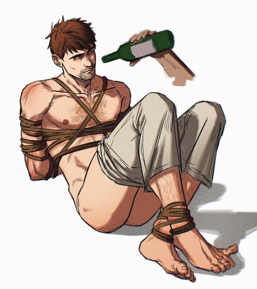 1boy alternate_species ass bara bdsm bondage bound bound_arms bound_legs brown_hair chilchuck_tims chilchuck_tims_(tallman) dungeon_meshi facial_hair full_body goatee_stubble highres male_focus mature_male nipples rope short_hair smokerichi solo sparse_chest_hair sparse_leg_hair stubble tsurime