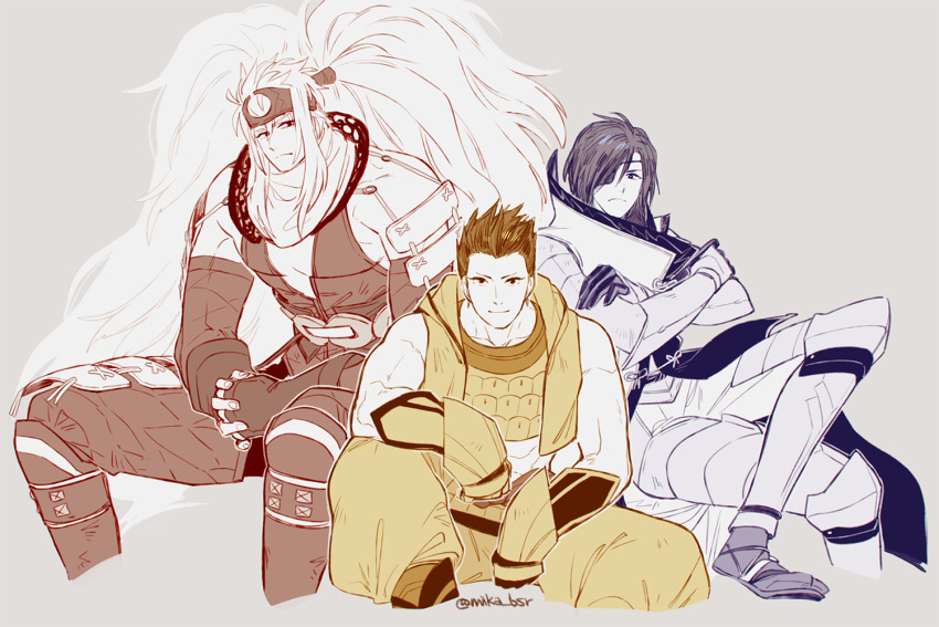 3boys big_hair crop_top crossed_arms date_masamune_(sengoku_basara) grey_background invisible_chair khirzava limited_palette long_hair male_focus multiple_boys muscular muscular_male official_alternate_costume sanada_nobuyuki_(sengoku_basara) sengoku_basara short_hair simple_background sitting tokugawa_ieyasu_(sengoku_basara) toned toned_male twintails very_long_hair