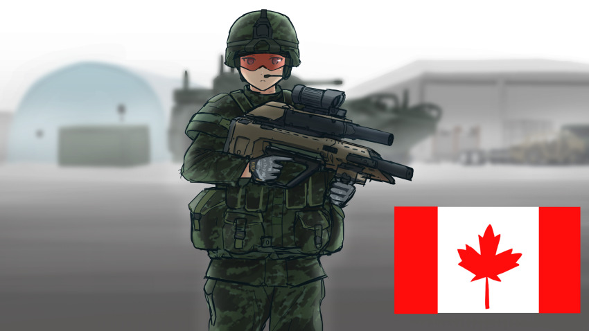1other assault_rifle autocannon bulletproof_vest bullpup canada canadian_flag cannon chain_gun colt&#039;s_manufacturing_company colt_canada_sipes_smart_gun computerized_scope flag gloves goggles grenade_launcher gun hangar helmet infantry_fighting_vehicle lav_iii light_armored_vehicle looking_at_viewer m242_bushmaster microphone military military_uniform multi-weapon natsukaze_shigure outdoors precision-guided_firearm rifle smart_scope soldier_integrated_precision_effects_systems_(military_program) underbarrel_assault_rifle underbarrel_rifle weapon