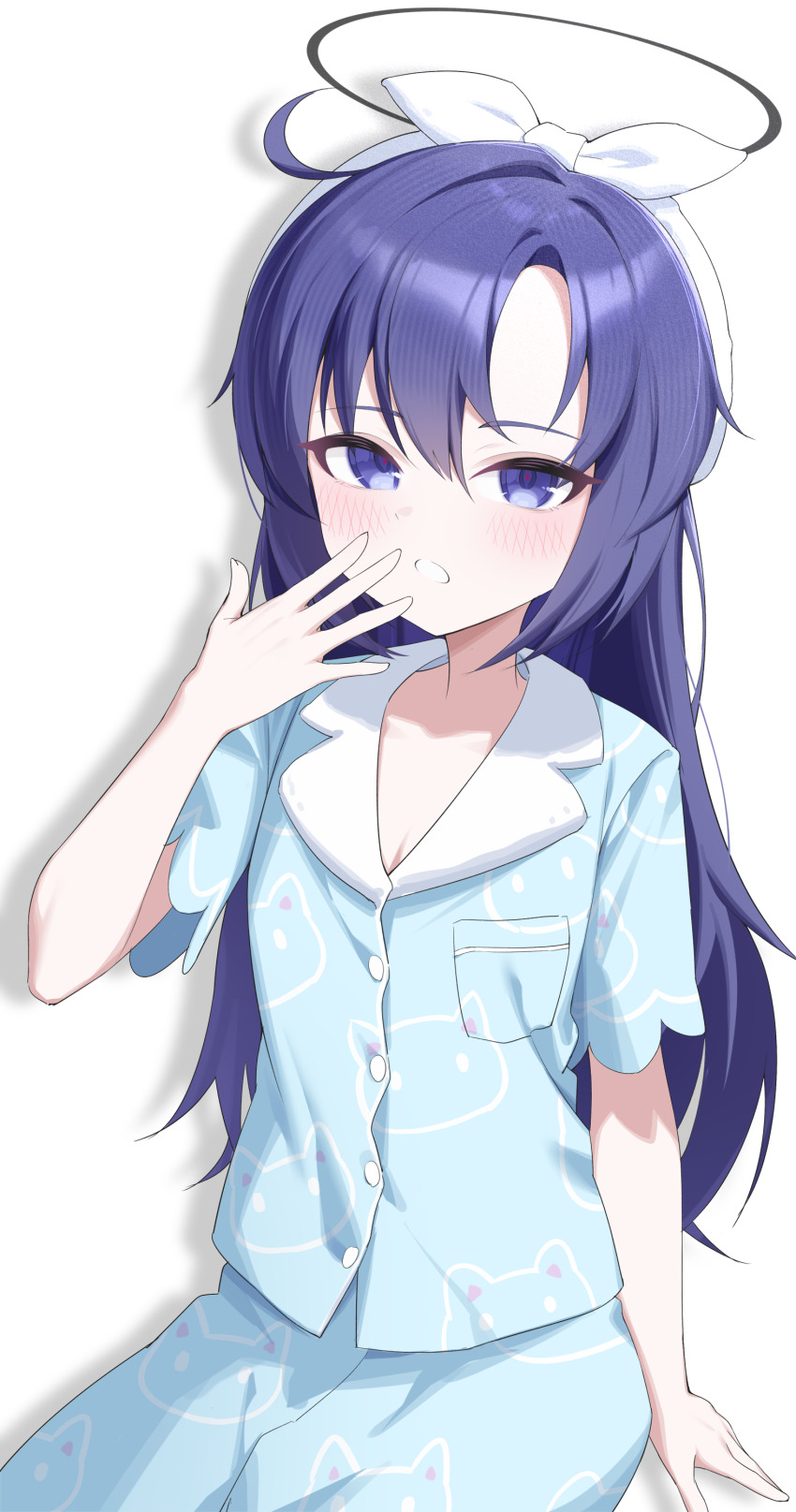 1girl absurdres blue_archive blue_pajamas bow_hairband breasts cleavage hairband halo highres jei_(user_tckk7448) looking_at_viewer official_alternate_costume official_alternate_hairstyle pajamas purple_eyes purple_hair simple_background solo white_background yuuka_(blue_archive) yuuka_(pajamas)_(blue_archive)