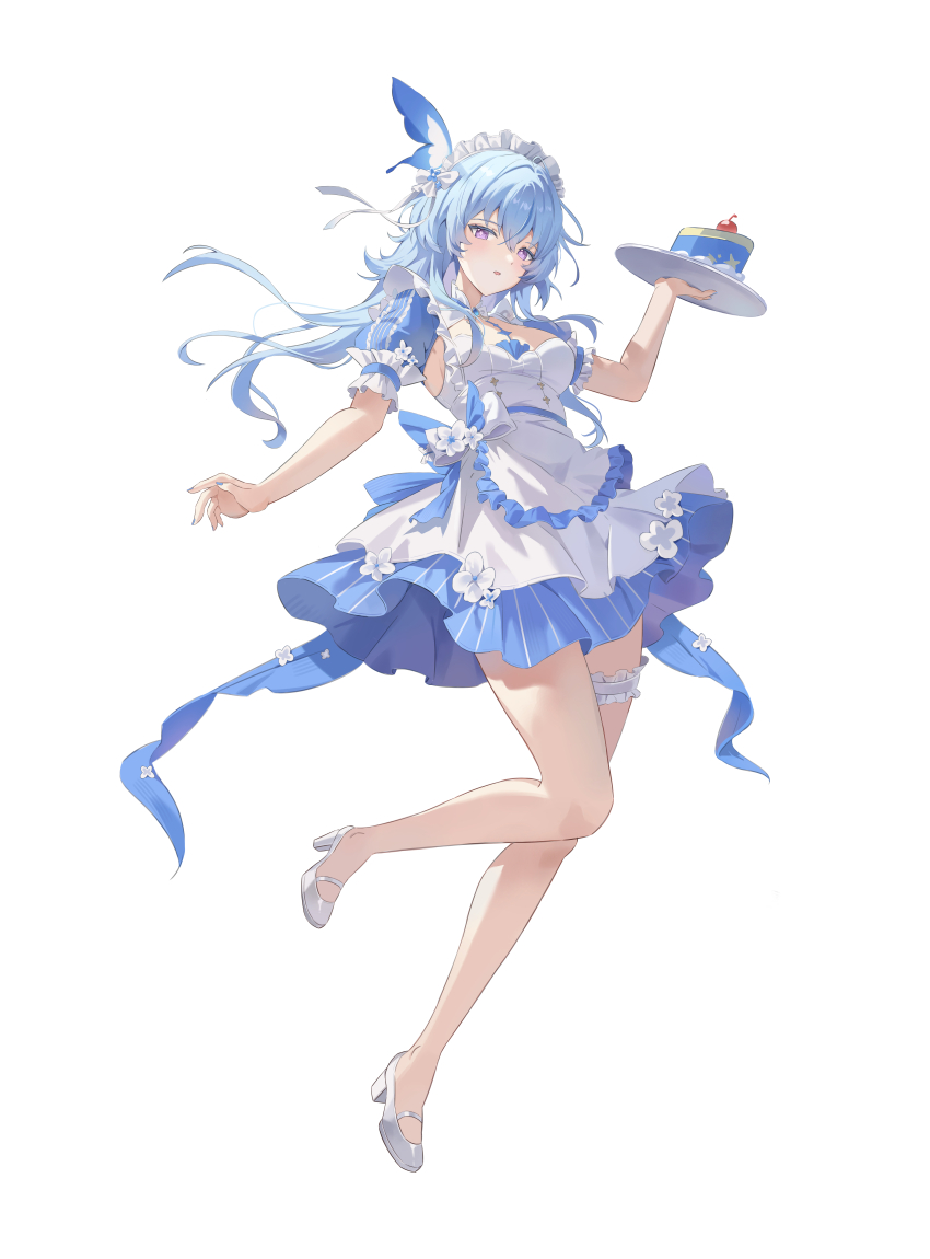 02bear20 1girl absurdres alternate_costume bare_legs blue_dress blue_hair bow breasts cake cherry commentary dress enmaided food frilled_thigh_strap fruit full_body hair_bow highres holding holding_plate large_breasts legs light_blush long_hair looking_at_viewer maid maid_headdress merchandise_available parted_lips plate purple_eyes revision shoes shorekeeper_(wuthering_waves) short_sleeves simple_background solo thigh_strap white_background white_bow white_shoes wuthering_waves