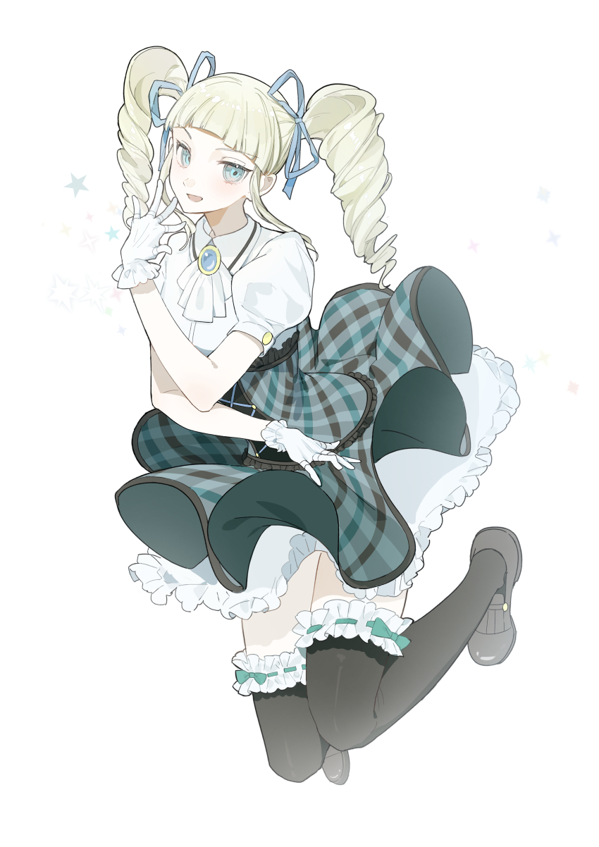 1girl absurdres aikatsu! aikatsu!_(series) aqua_bow aqua_skirt ascot black_shoes black_thighhighs blonde_hair blue_brooch blue_eyes blue_ribbon blunt_bangs bow bow_legwear brooch buttons circle_skirt collared_shirt commentary_request cross-laced_clothes cross-laced_skirt drill_hair fingerless_gloves floating_clothes frilled_skirt frilled_thigh_strap frills full_body gloves hair_ribbon high-waist_skirt highres idol jewelry jumping layered_skirt loafers long_hair miniskirt morgue_(southsakura) open_mouth plaid_clothes plaid_skirt puffy_short_sleeves puffy_sleeves ribbon ribbon-trimmed_thighhighs ribbon_trim shirt shoes short_sleeves simple_background skirt smile solo star_(symbol) thigh_strap thighhighs todo_yurika twin_drills twintails white_ascot white_background white_gloves white_shirt