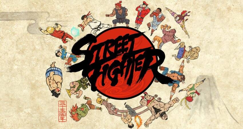 akuma_(street_fighter) dee_jay dhalsim fei_long fine_art_parody fire hadouken headbutt highres jumping ken_masters kicking mountain nihonga parchment parody punching ryu_(street_fighter) sagat squatting street_fighter thunder_hawk ukiyo-e zangief