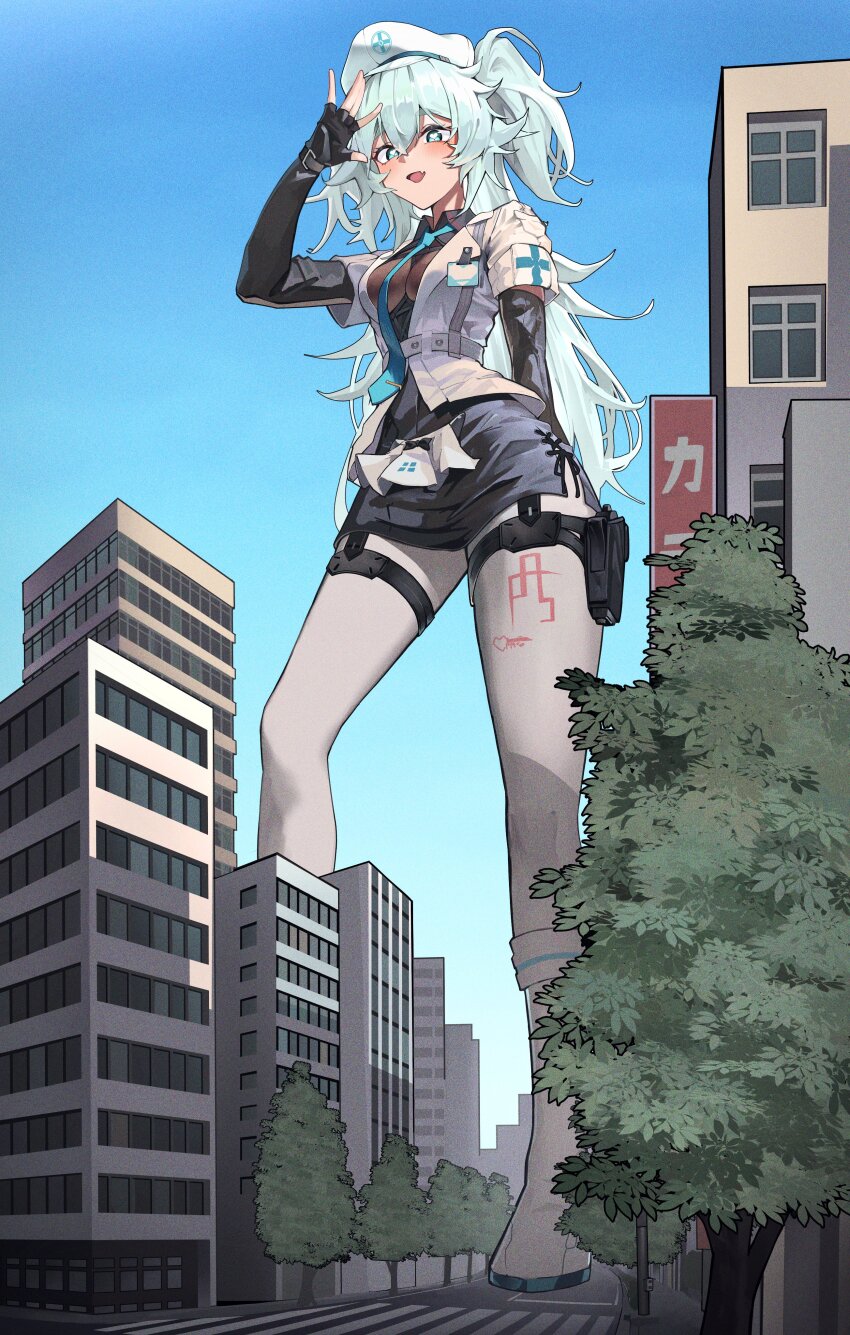 1girl absurdres blue_eyes blue_hair blue_necktie blue_sky breasts building city commission florence_(girls&#039;_frontline_2) giant giantess girls&#039;_frontline girls&#039;_frontline_2:_exilium hair_between_eyes hanabusaraleigh hat heart heart-shaped_pupils highres holster jacket long_hair medium_breasts necktie open_mouth outdoors pa-15_(girls&#039;_frontline) second-party_source skeb_commission sky smile solo symbol-shaped_pupils thigh_holster thigh_strap tree two_side_up very_long_hair white_hat white_jacket