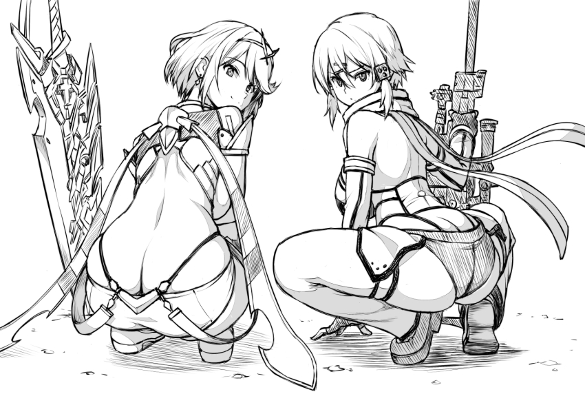 2girls aegis_sword_(xenoblade) back backless_outfit butt_crack circlet closed_mouth earrings full_body greyscale gun highres jewelry looking_at_viewer looking_back monochrome multiple_girls planted planted_sword planted_weapon pyra_(xenoblade) rifle sanagi_torajirou scarf short_hair short_shorts shorts simple_background sinon sinon_(sao-alo) smile sniper_rifle squatting swept_bangs sword sword_art_online tiptoes weapon white_background xenoblade_chronicles_(series) xenoblade_chronicles_2