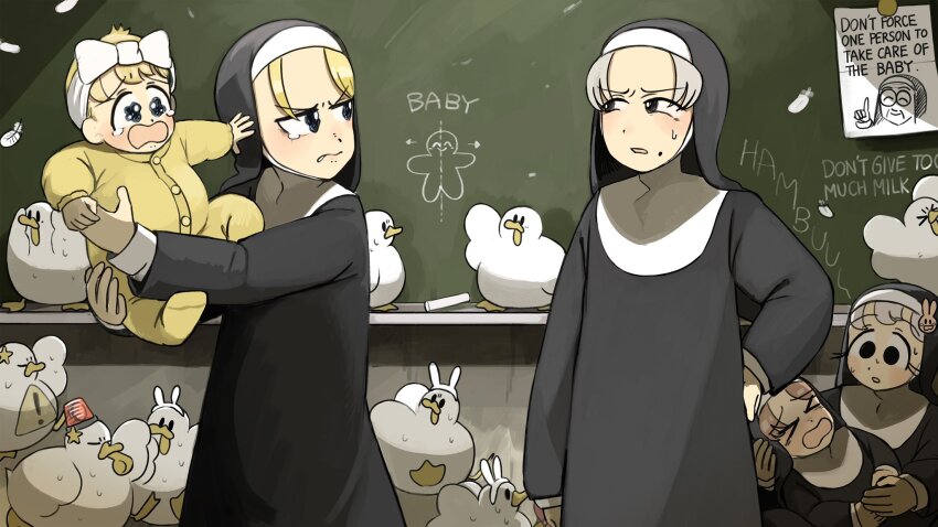 &gt;_&lt; 5girls aged_down animal_ears baby bird black_eyes blonde_hair blue_eyes brown_hair bunny_nun_(diva) chalkboard chicken clumsy_nun_(diva) commentary crying crying_with_eyes_open diva_(hyxpk) duck english_commentary english_text grey_hair habit hair_ornament highres hungry_nun_(diva) little_nuns_(diva) mole mole_under_eye multiple_girls note nun rabbit_ears rabbit_hair_ornament slice_of_life smug_nun_(diva) star_ornament strict_nun_(diva) tears traditional_nun whistle
