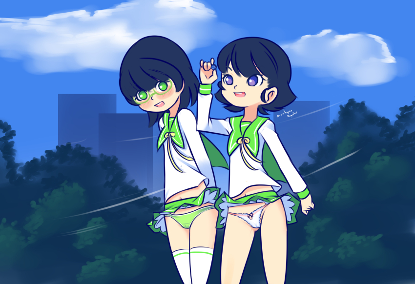 2girls anabeu_(ryuhi) black_hair blush bow bow_panties bowtie building city cityscape cloud drantyno glasses green_eyes green_panties green_skirt highres holding long_sleeves marble megu_(ryuhi) multiple_girls navel open_mouth panties purple_eyes school_uniform shirt short_hair skirt sky skyscraper smile standing teeth thighhighs tree underwear white_panties white_shirt white_thighhighs wind wind_lift yellow_bow yellow_bowtie