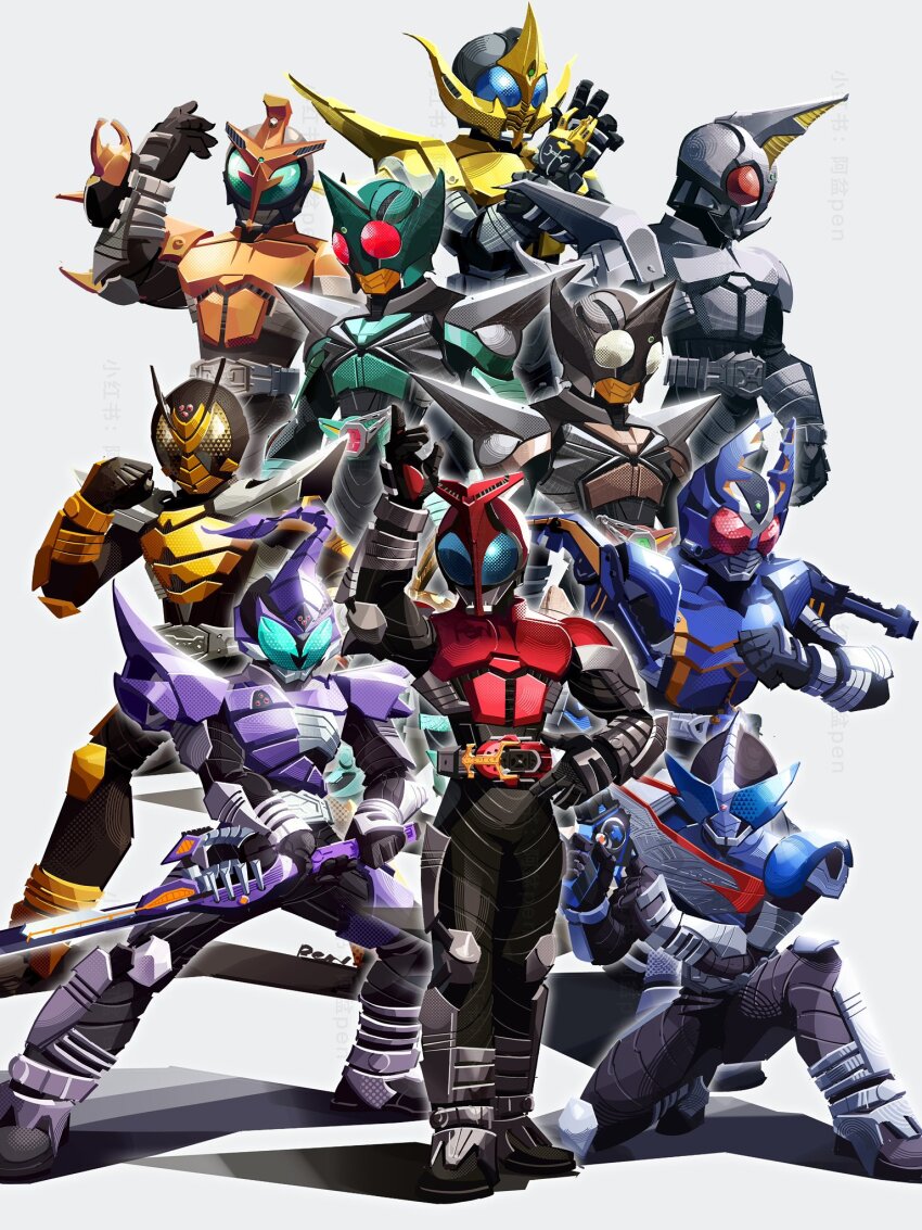6+boys antennae arm_up armor armored_bodysuit armored_boots armored_gloves artist_name beetle_horn black_bodysuit black_gloves black_helmet blue_armor blue_eyes blue_helmet bodysuit boots bracelet breastplate caucasus_zecter clenched_hand clenched_hands compound_eyes drake_glip drake_zector fighting_stance forehead_jewel gatack_double_calibur gatack_zecter gem gloves green_armor green_eyes green_gemstone gun hand_on_own_hip hand_up handgun helmet hercus_zector highres holding holding_gun holding_sword holding_weapon hopper_zecter horns jewelry kabuto_zecter kamen_rider kamen_rider_caucasus kamen_rider_drake kamen_rider_gatack kamen_rider_hercus kamen_rider_kabuto kamen_rider_kabuto_(series) kamen_rider_ketaros kamen_rider_kick_hopper kamen_rider_punch_hopper kamen_rider_sasword kamen_rider_thebee ketaros_zector knee_armor looking_at_viewer looking_to_the_side mask mechanical_horns mechanical_tail mechanical_wings multiple_boys penpenhuihui pointing pointing_up purple_armor purple_helmet red_armor red_eyes red_gemstone red_helmet rider_belt rider_belt_(kabuto) rider_brace sasword_yaiver sasword_zecter shoulder_armor signature silver_armor simple_background single_horn spiked_armor spikes sword tail thebee_zector visor_(armor) weapon white_background white_eyes wings yellow_armor yellow_eyes yellow_helmet zect_buckle