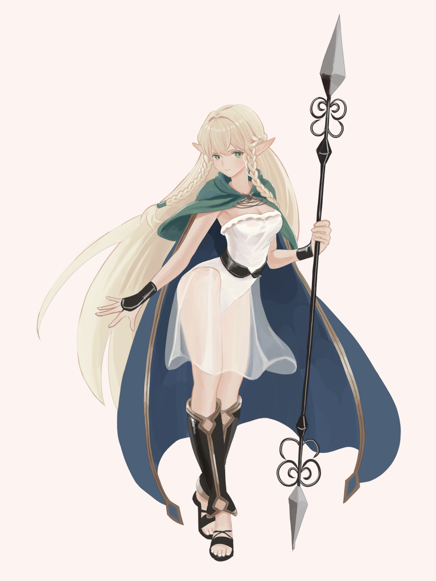 1girl absurdres aqua_cape belt black_belt blonde_hair braid breasts cape capelet cleavage closed_mouth commentary_request dangouo_ty elf eltolinde_(unicorn_overlord) full_body green_capelet green_eyes highres leotard long_hair looking_at_viewer medium_breasts pointy_ears polearm sandals see-through_clothes see-through_skirt simple_background skirt smile solo spear strapless strapless_leotard toes twin_braids unicorn_overlord weapon white_background white_leotard