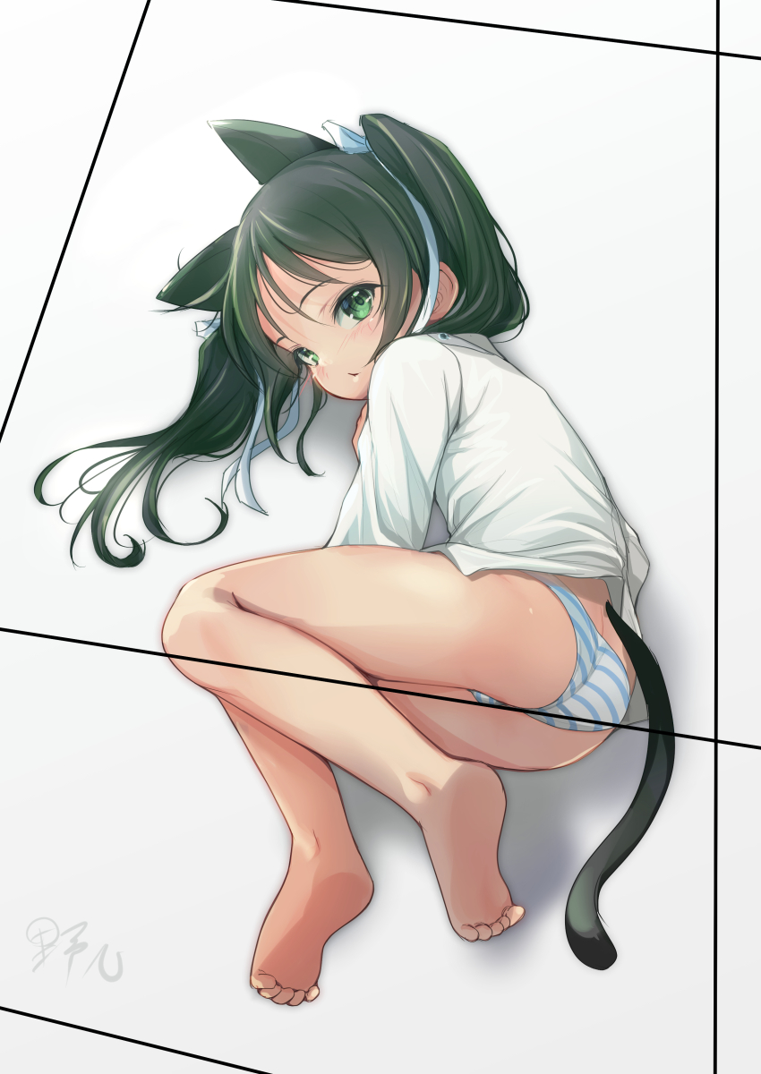 1girl absurdres animal_ears ass barefoot black_hair cat_ears cat_tail commentary_request extra_ears fetal_position francesca_lucchini green_eyes highres long_hair looking_at_viewer lying on_side panties shirt solo strike_witches striped_clothes striped_panties tail twintails underwear white_shirt world_witches_series yashin_(yasinz)