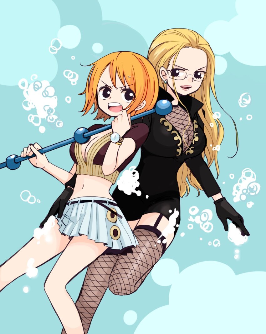 2girls black_dress black_gloves blonde_hair breasts bubble cleavage commentary crop_top dress earrings feet_out_of_frame fishnet_thighhighs fishnet_top fishnets garter_straps glasses gloves hair_slicked_back highres holding holding_staff jewelry kalifa_(one_piece) log_pose long_hair long_sleeves midriff multiple_girls nami_(one_piece) nami_(one_piece)_(enies_lobby) one_piece open_mouth orange_hair pearl_earrings short_dress short_hair short_sleeves skirt smile staff sumomo_(momoringo56) thighhighs