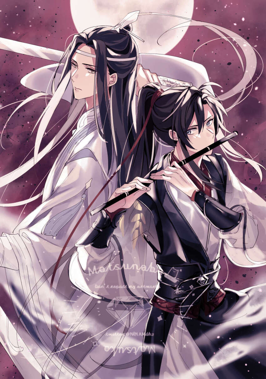 2boys ahoge back-to-back bishounen black_hair black_hanfu chinese_clothes dizi floating_hair flute full_moon grey_eyes hair_between_eyes hanfu headband height_difference high_ponytail highres holding holding_flute holding_instrument holding_sword holding_weapon hyottokoane instrument jian_(weapon) lan_wangji light_particles long_hair long_sleeves looking_at_viewer male_focus modao_zushi moon multiple_boys music night playing_flute playing_instrument ponytail purple_theme ribbon robe sidelocks sky standing sword topknot transverse_flute very_long_hair watermark weapon wei_wuxian white_hanfu white_headband wide_sleeves xiao_guan_(headdress) yaoi yellow_eyes