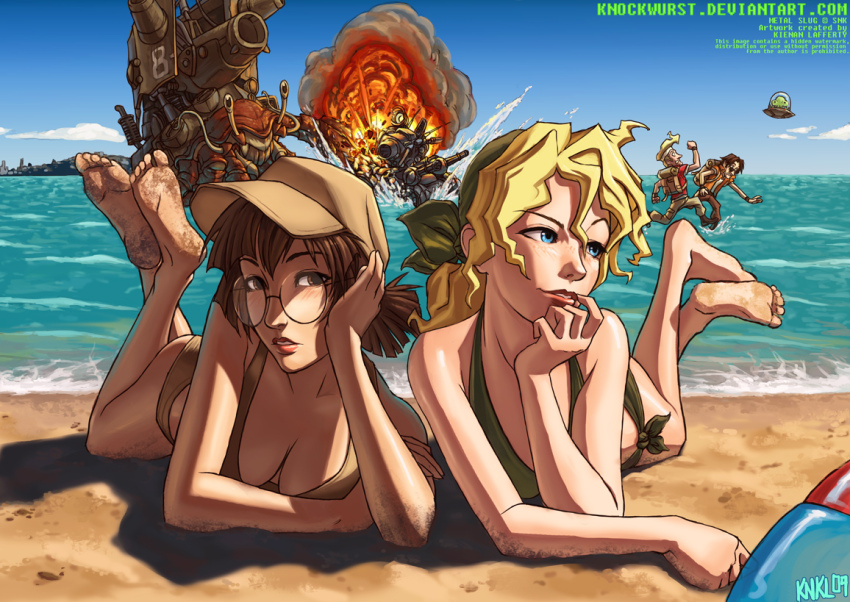 2boys 2girls artist_name bandana barefoot baseball_cap bikini blonde_hair brown_hair brown_hat commentary company_name copyright_name copyright_notice english_commentary english_text explosion fio_germi flying_saucer glasses green_bandana hat huge_hermit kasamoto_eri kienan_lafferty marco_rossi mars_people metal_slug multiple_boys multiple_girls round_eyewear snk spacecraft sv001_(metal_slug) swimsuit tarma_roving