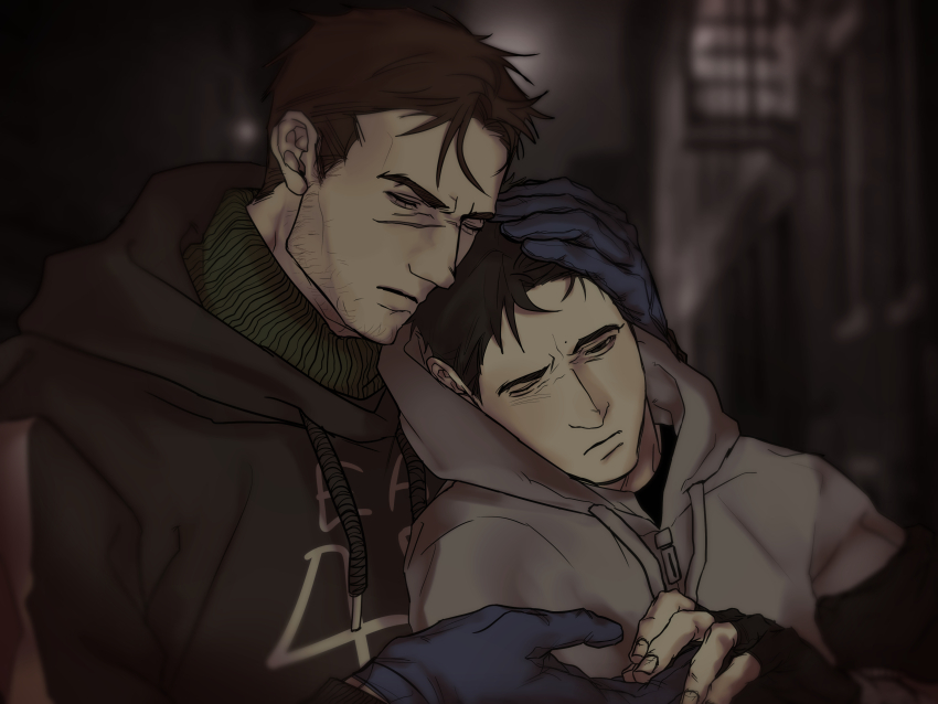 2boys absurdres afraid_of_monsters black_gloves black_hair black_hoodie blurry blurry_background brown_hair closed_eyes cry_of_fear david_leatherhoff facial_hair fingerless_gloves gloves goatee_stubble grey_hoodie hand_on_another&#039;s_head hand_on_another&#039;s_shoulder highres hood hoodie hug implied_yaoi ju-san leaning_on_person male_focus messy_hair multiple_boys print_hoodie scar scar_on_face serious short_hair simon_henriksson stubble turtleneck upper_body