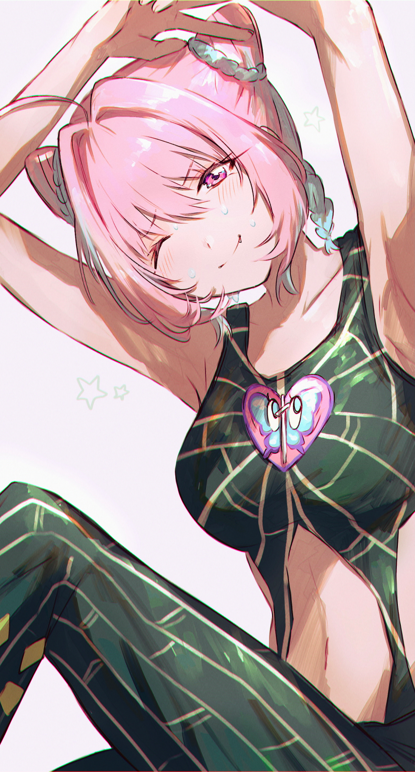 1girl absurdres ahoge alternate_hairstyle armpits arms_up blue_hair blush braid breasts closed_mouth clothing_cutout collarbone cone_hair_bun cosplay double_bun fangs fangs_out grey_background hair_bun hair_intakes hamachamu highres idolmaster idolmaster_cinderella_girls idolmaster_cinderella_girls_starlight_stage jojo_no_kimyou_na_bouken knee_up kujo_jolyne_(cosplay) kuujou_jolyne large_breasts looking_at_viewer midriff multicolored_hair navel one_eye_closed pink_eyes pink_hair simple_background sitting solo spider_web_print star_(symbol) stone_ocean sweat two-tone_hair yumemi_riamu