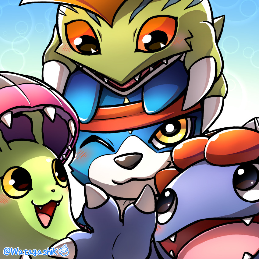 absurdres bandages digimon digimon_(creature) fangs gaomon happy highres looking_at_another looking_at_viewer modokibetamon otamamon shakomon smile