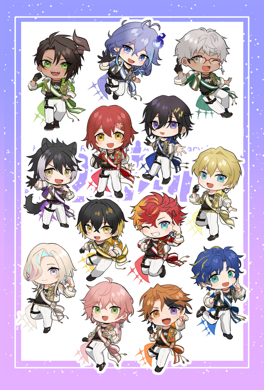6+boys animal_ears aragami_oga arurandeisu astel_leda beckoning belt black_footwear black_gloves black_hair black_shirt blonde_hair blue_belt blue_eyes blue_jacket bracelet brown_hair brown_horns clenched_hand colored_inner_hair commentary_request cropped_jacket dark-skinned_male dark_skin earrings everyone fang flower glasses gloves gold_bracelet green_belt green_eyes green_jacket grey_belt hair_between_eyes hair_flower hair_ornament hair_over_one_eye hairclip hanasaki_miyabi hand_on_own_hip heterochromia highres hitodama hizaki_gamma holostars holostars_idol_uniform_(movin_on) horns idol_clothes jackal_boy jackal_ears jackal_tail jacket jewelry kageyama_shien kanade_izuru kishido_temma lightning_bolt lightning_bolt_hair_ornament lightning_bolt_symbol long_hair male_focus medium_hair minase_rio mioto_(tsubsq_m) mole mole_under_eye multicolored_hair multicolored_jacket multiple_boys necklace one_eye_closed open_clothes open_jacket orange_belt orange_eyes orange_hair outline pants pink_belt pink_hair pointing pointing_up purple_belt purple_eyes purple_hair purple_jacket red-framed_eyewear red_belt red_hair red_jacket rikka_(holostars) sharp_teeth shirt short_hair single_earring single_glove single_horn skin_fang smile streaked_hair teeth thigh_strap two-tone_jacket utsugi_uyu virtual_youtuber w white_hair white_jacket white_outline white_pants yatogami_fuma yellow_belt yellow_jacket yukoku_roberu