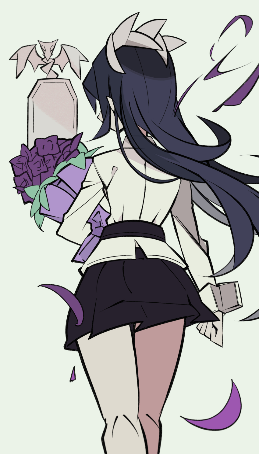 1girl absurdres black_hair bouquet cowboy_shot cxdotchison filia_(skullgirls) flower from_behind green_background grey_background highres long_hair petals pleated_skirt school_uniform skirt skullgirls solo tombstone walking