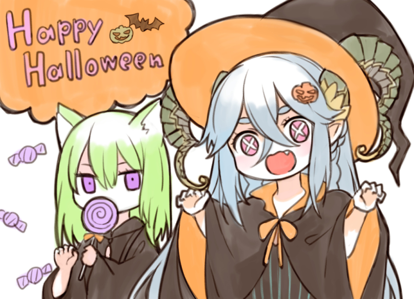 1boy 1girl black_cloak blue_hair candy claw_pose cloak commentary curled_horns enkidu_(fate) fang fate/grand_order fate_(series) food green_hair hair_ornament happy_halloween hat holding holding_candy holding_food holding_lollipop horns jack-o&#039;-lantern jack-o&#039;-lantern_hair_ornament kingu_(fate) lollipop open_mouth pink_eyes purple_eyes simple_bat symbol-only_commentary tiamat_(fate) witch_hat yoyo_9ea