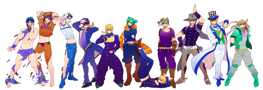 1girl 6+boys absurdres belt_buckle birthmark black_hair blonde_hair blue_eyes blue_hair boots bow bowtie braid brown_hair buckle caesar_anthonio_zeppeli chain checkered_clothes checkered_hat closed_eyes cosplay costume_switch cowboy_boots crop_top dixie_cup_hat double_bun earrings embarrassed facial_hair facial_mark fingerless_gloves gakuran giorno_giovanna giorno_giovanna&#039;s_pose_(jojo) gloves goggles goggles_on_headwear green_eyes green_hair gyro_zeppeli hair_bun hand_on_own_hip hat head_rest headband higashikata_josuke higashikata_josuke_(jojolion) highres horseshoe jewelry joestar_birthmark johnny_joestar jojo_no_kimyou_na_bouken jojo_pose jojolion jonathan_joestar jonathan_joestar&#039;s_pose_(jojo) joseph_joestar joseph_joestar_(young) knee_pads kujo_jotaro&#039;s_pose_(jojo) kuujou_jolyne kuujou_joutarou legs_up long_coat long_hair lying midriff military_hat multicolored_hair multiple_boys mustache navel_piercing on_back one_eye_closed oversized_clothes pants piercing pointing pompadour purple_hair scarf school_uniform shimura_(yoshikatu) shirt smile spurs steel_ball_run striped_clothes striped_headwear striped_scarf sweat thong time_paradox top_hat torn_clothes torn_pants torn_shirt two-tone_hair undersized_clothes vento_aureo vest waistcoat white_background will_anthonio_zeppeli winged_hair_ornament wristband