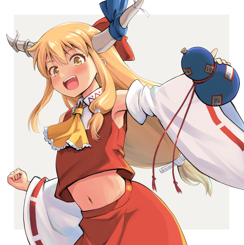 1girl :d alternate_costume armpits ascot bare_shoulders blue_ribbon blush clenched_hand collared_shirt commentary_request cosplay cowboy_shot fang frilled_ascot frills from_below gourd grey_background hair_between_eyes hakurei_reimu hakurei_reimu_(cosplay) haniwa_(leaf_garden) happy highres holding holding_gourd horn_ornament horn_ribbon horns ibuki_suika immaterial_and_missing_power japanese_clothes long_hair long_sleeves looking_at_viewer miko navel oni oni_horns open_mouth orange_hair red_ribbon red_skirt red_vest ribbon ribbon-trimmed_sleeves ribbon_trim shirt sidelocks simple_background skirt sleeveless sleeveless_shirt smile solo standing stomach teeth touhou upper_teeth_only very_long_hair vest white_shirt wide_sleeves yellow_ascot yellow_eyes
