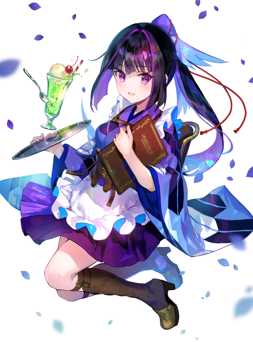 1girl :d absurdres apron black_hair boots brown_boots drinking_straw fuzichoco highres holding holding_plate japanese_clothes karasuba_(prima_doll) kimono knee_boots long_sleeves menu_board miniskirt multicolored_hair open_mouth petals plate pleated_skirt ponytail prima_doll purple_eyes purple_hair purple_kimono purple_skirt skirt smile solo spoon underbust waist_apron white_apron white_background wide_sleeves